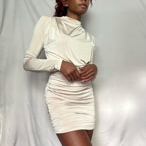 Pearl/Champagne Ruched Long Sleeved Mini Dress